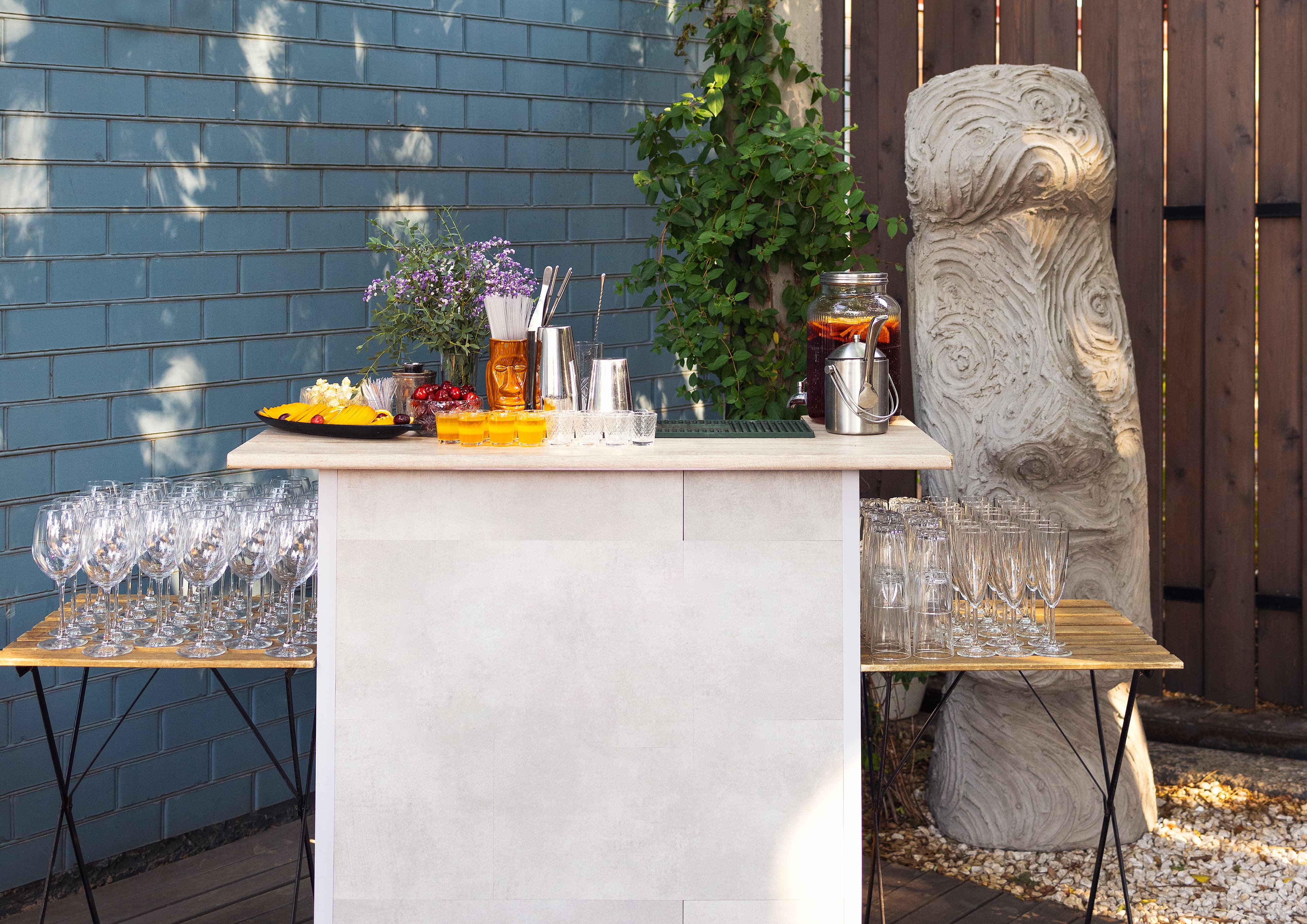 Cocktail glasses on elegant bar setup